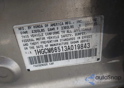 2003 Honda Accord 3.0 Ex из США, поврежденный, VIN 1HGCM66513A019843